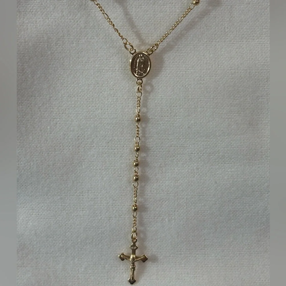 NEW Guadelupe Rosary on Figaro & Beaded 18k Yellow Gold Filled Necklace - Picture 3 of 6